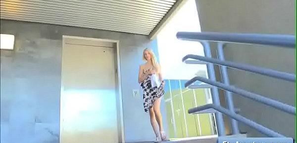  Sexy busty blonde teen amateur Blake play with her big boobs in public and finger fuck her juicy pink pussy deep and tender